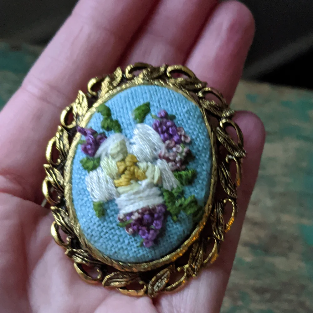 Vintage Embroidered Linen Flower Gold  Framed Coquette Brooch Pin Pendant